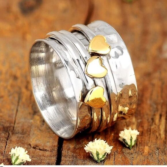 COPY - 925 Sterling Silver Spinner Ring Brass Hearts Fidget Ring, Hand Hammered… - Picture 2 of 8